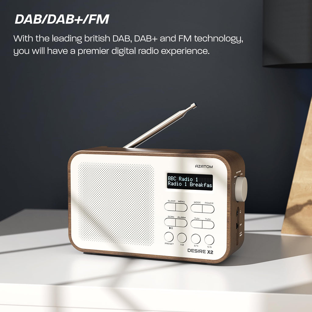 DAB/DAB+ & FM Portable Digital Radio | Simple Controls | Dual Alarms & Sleep Timer | Battery & Mains Powered (4x”AA”) | Bluetooth | Perfect for Home, Office or Outdoors | AZATOM Desire X2 (Oak)