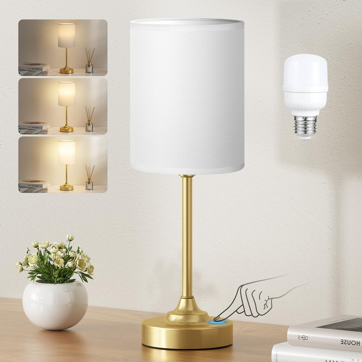 Fenmzee Bedside Table Lamp Set of 2 - Dimmable Touch, USB A+C, AC Outlet
