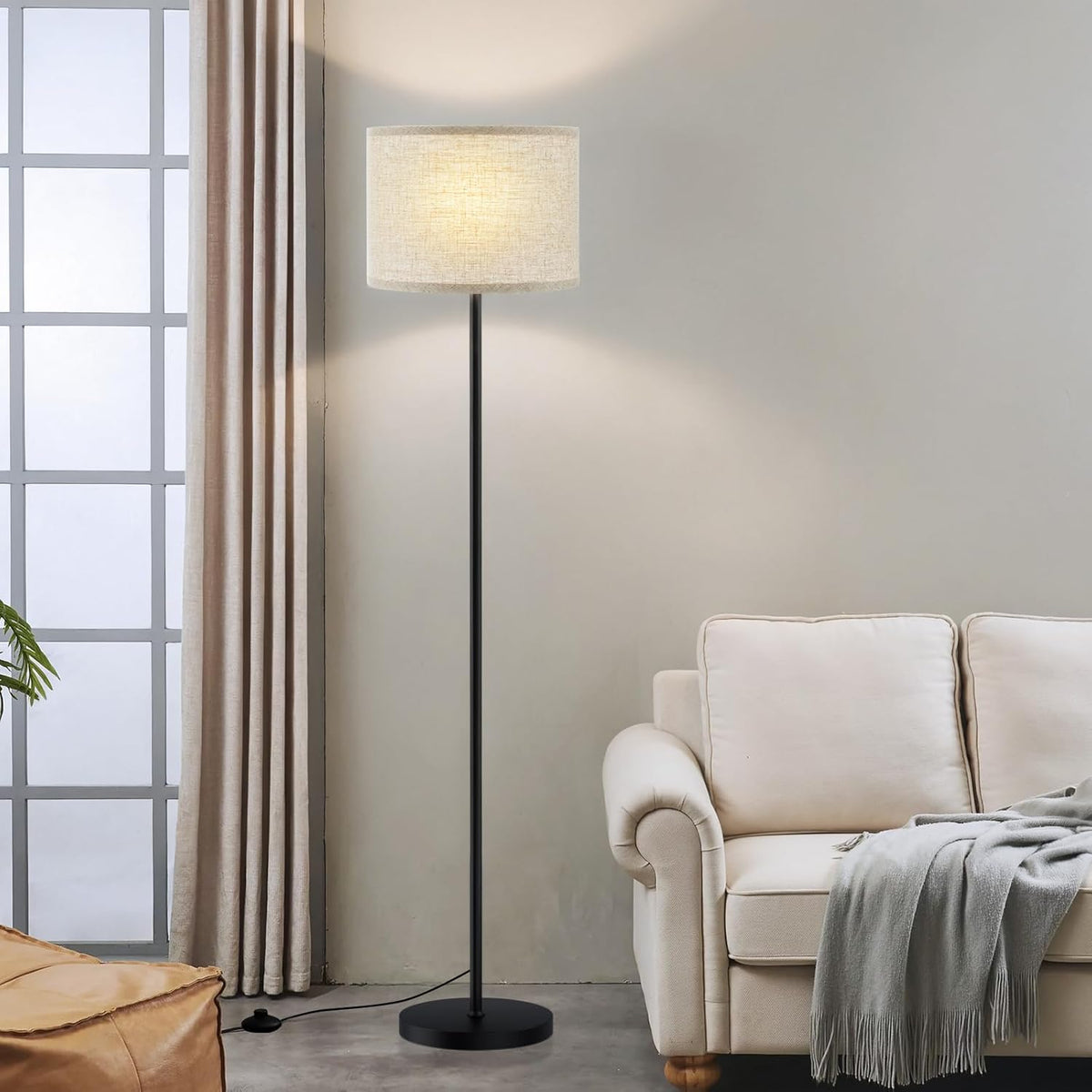 Ambimall Floor Lamp for Living Room with Smart Light Bulb, RGB + Stepless Dimmable Colors Temperature & Brightness(White Shade & Black Pole)