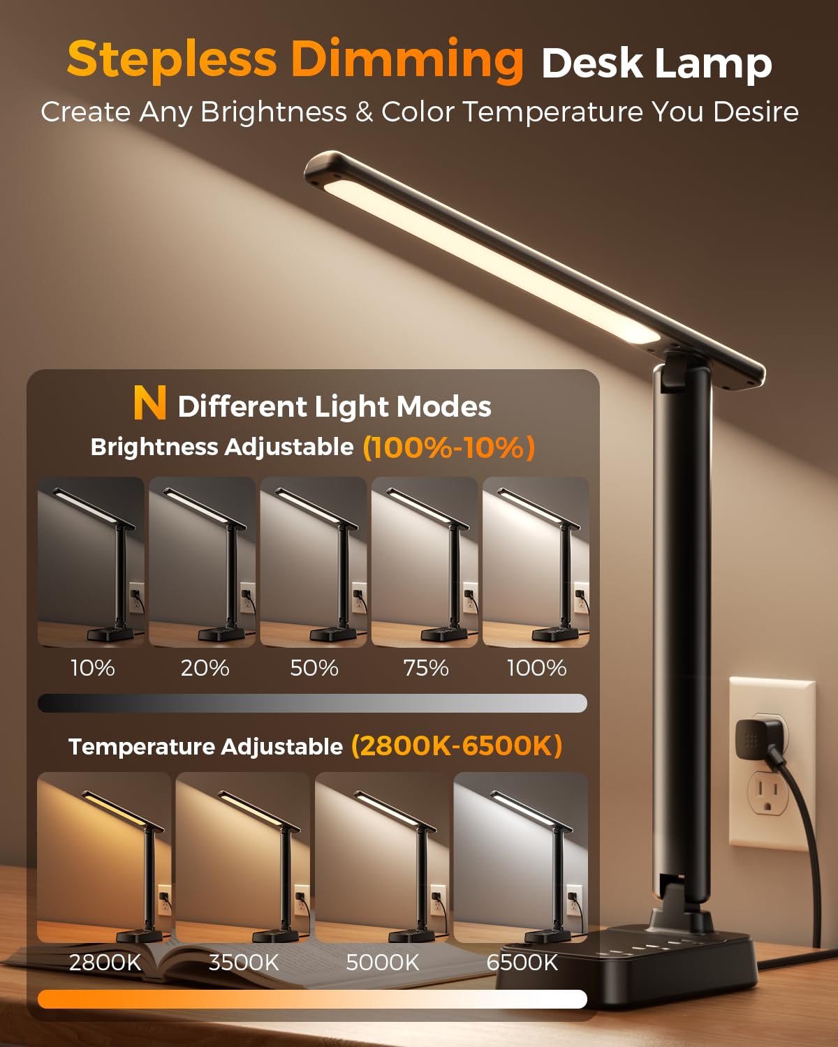 Airlonv LED Desk Lamp with Clamp, 17" Stepless Dimming Light, Black
