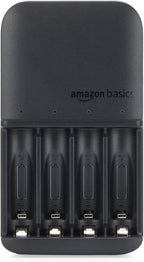 Amazon Basics Battery Charger for Rechargeable AA and AAA NiMh Batteries – UK Plug, 4-Bay, Black