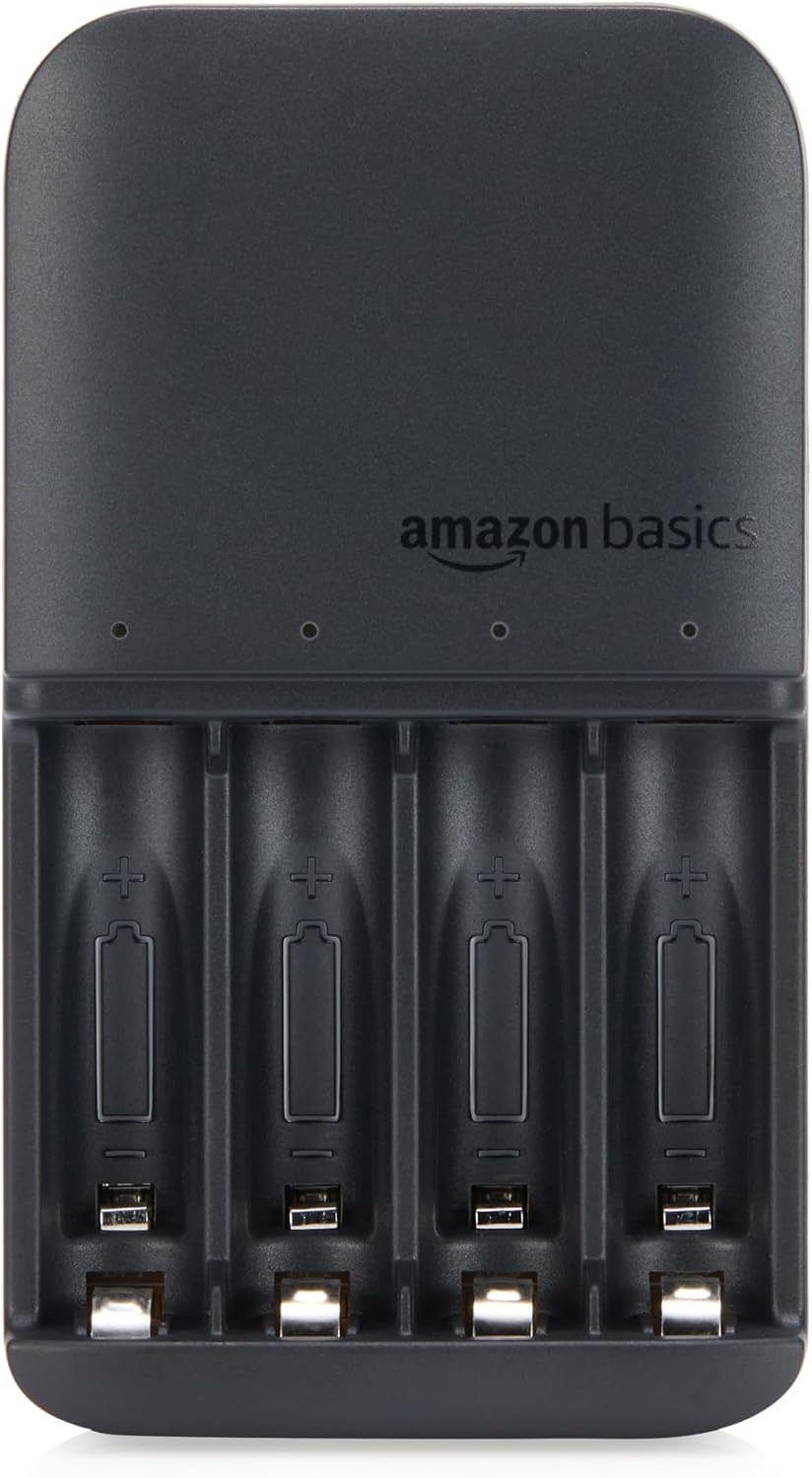 Amazon Basics Battery Charger for Rechargeable AA and AAA NiMh Batteries – UK Plug, 4-Bay, Black