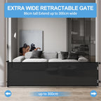 Retractable Mesh Baby & Dog Gate for Stairs, 86cm Tall x 140cm Wide, Black