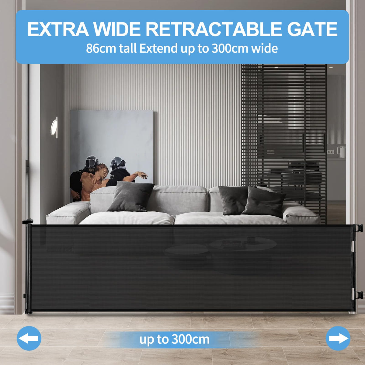 Retractable Mesh Baby & Dog Gate for Stairs, 86cm Tall x 140cm Wide, Black