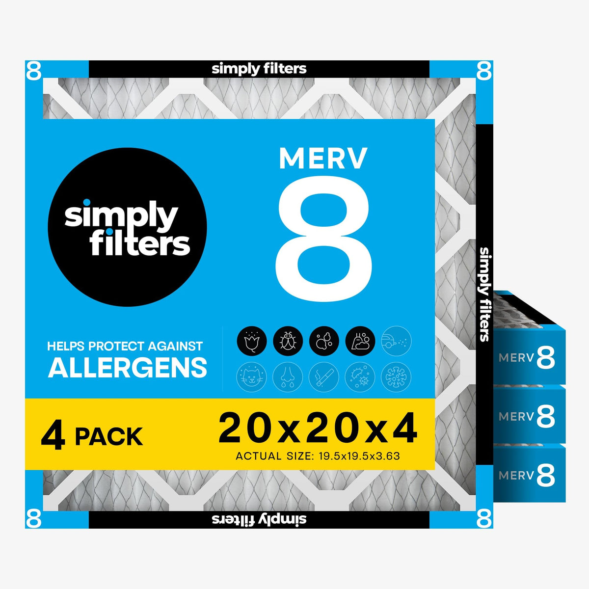 Simply 14x20x1 Air Filter, MERV 8, 4 Pack, For Home AC Furnace & HVAC (Actual Size: 13.75"x19.75"x0.75") DUST, Pet, & Allergy Control