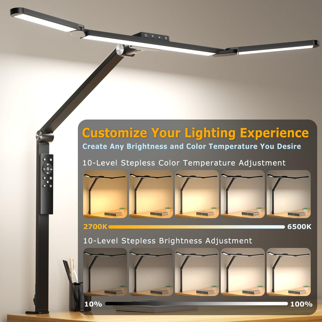 Airlonv LED Desk Lamp with Clamp, 17" Stepless Dimming Light, Black