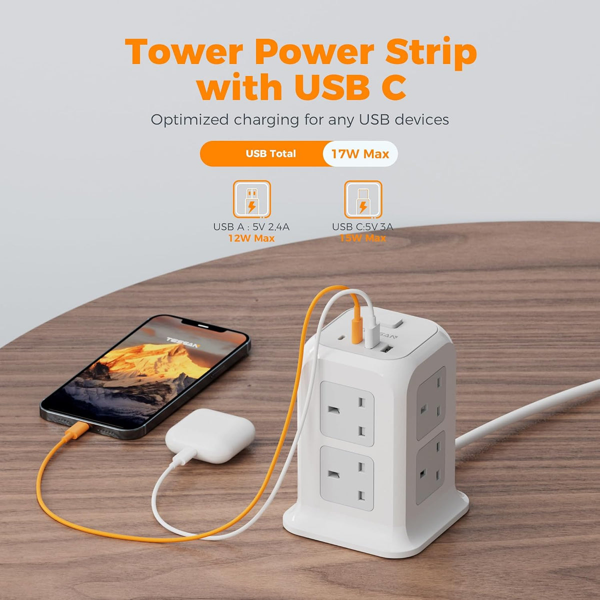 TESSAN 8 Way Tower Extension Lead 2M with 4 USB Slots (2 USB C)