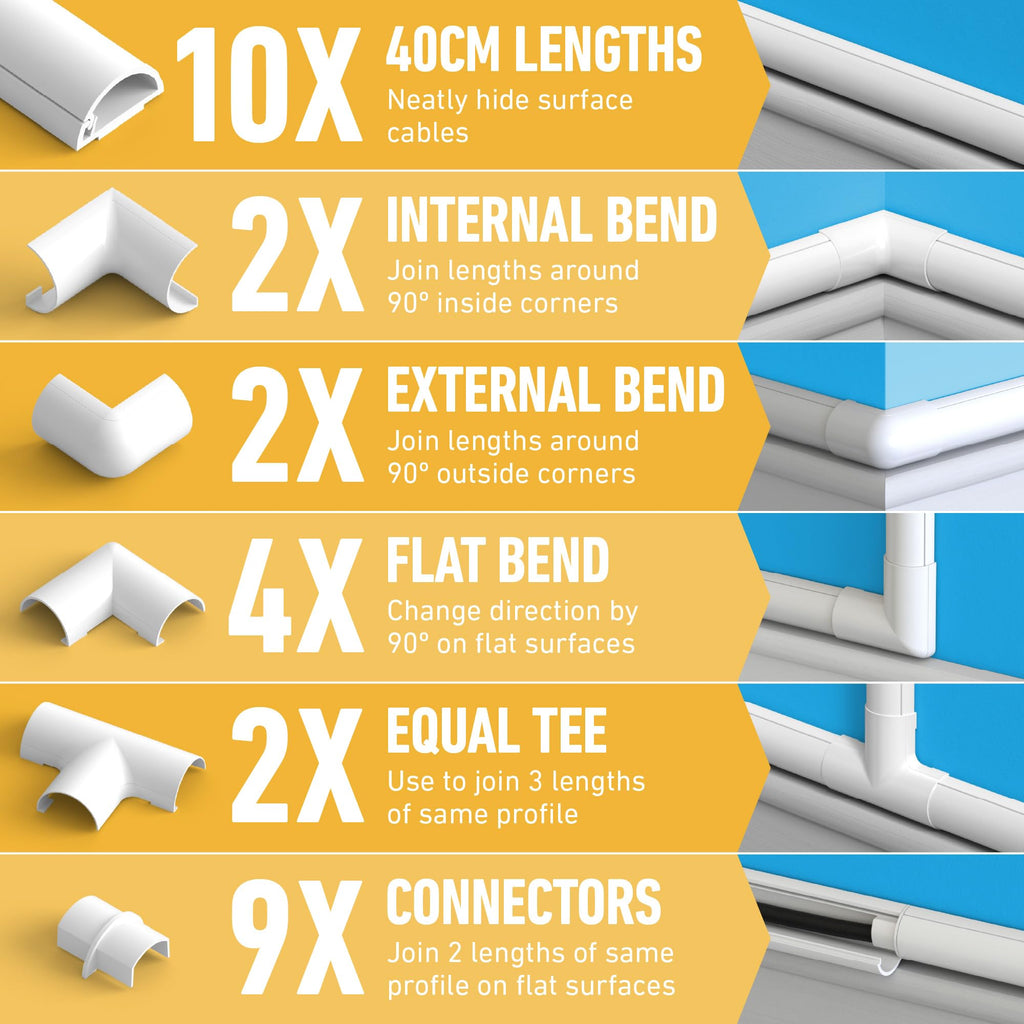 D-Line 30x15mm Cable Trunking 4m Multipack, Half Round Profile, Self-Adhesive Wire Cover, Paintable Cable Management - 10x 30mm (W) x 15mm (H) x 40cm Lengths and Accessories - Aluminium-Effect