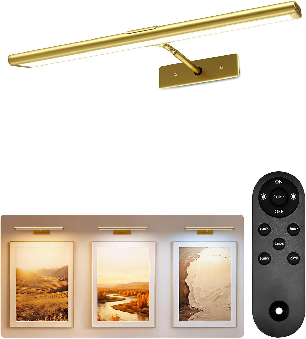 EZVALO Picture Light for Wall, 4800mAh Rechargeable Wireless Gold Light with IR Remote, Dimmable Magnetic LED Art Display Light with 3 Color Temperatures, for Gallery, Living Room, Bedroom(2Pack)