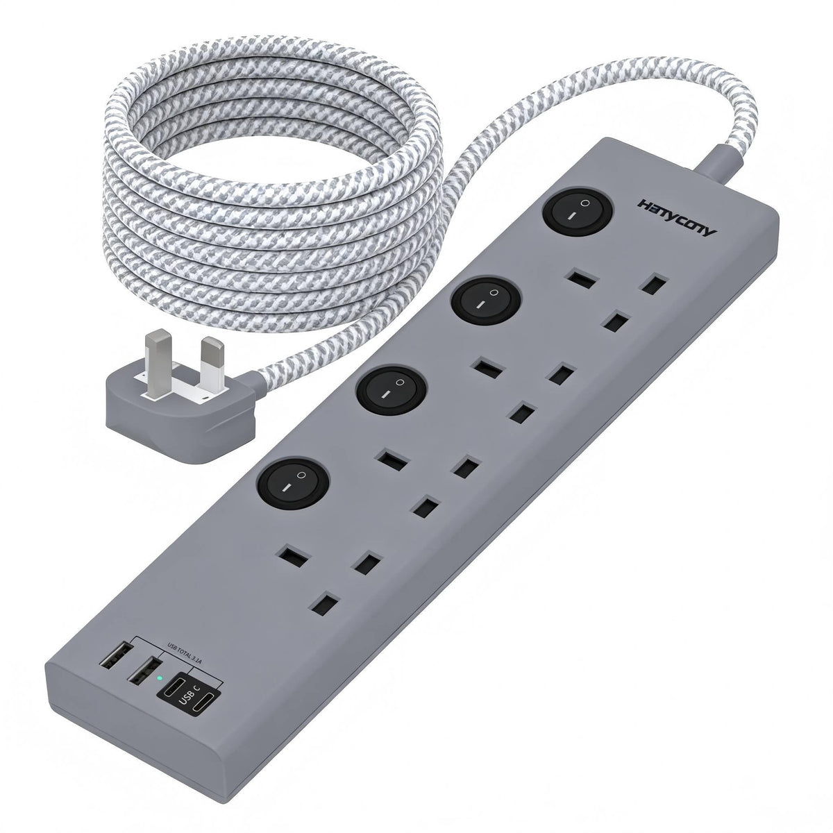 Black Extension Lead with 4 USB Slots(2 USB C), 4 Way Plug Extension Socket