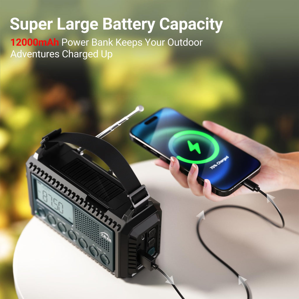 Mesqool Portable Wind Up Hand Crank and Solar Powered Radio with USB Phone Charger, Emergency Radio with SOS Alarm and Flashlight, AM/FM/SW Radio with 12000mAh Rechargeable Battery for Outdoor