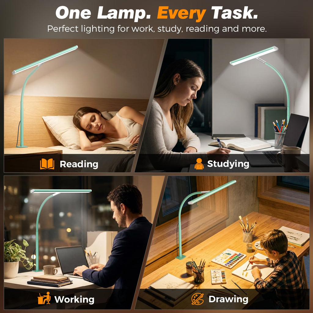 Airlonv LED Desk Lamp with Clamp, 17" Stepless Dimming Light, Black