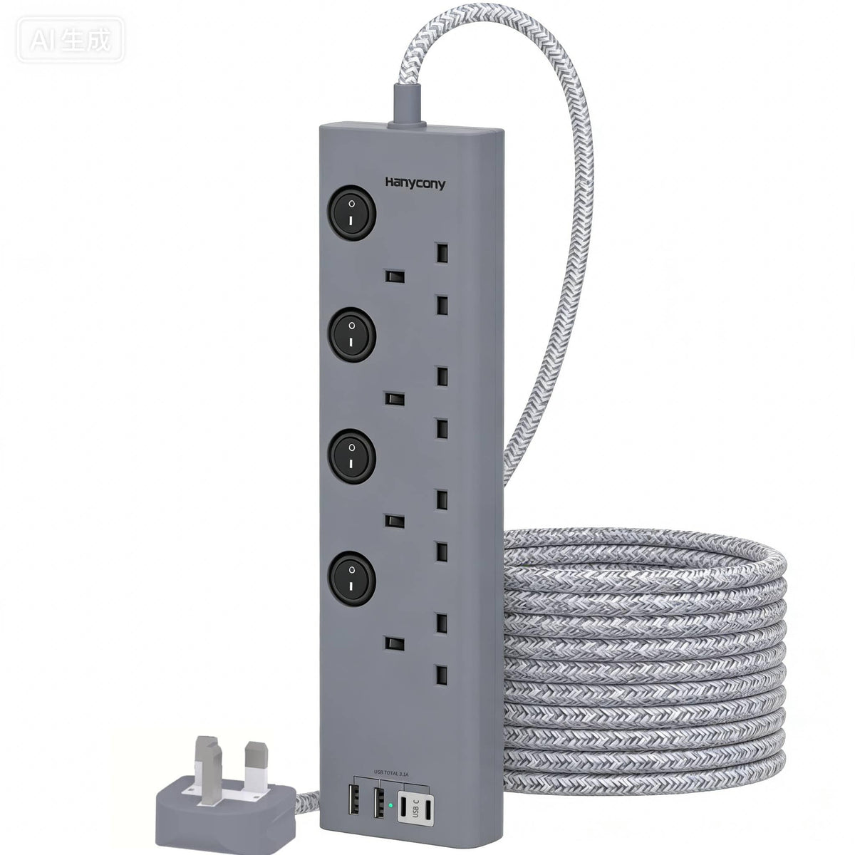 Black Extension Lead with 4 USB Slots(2 USB C), 4 Way Plug Extension Socket