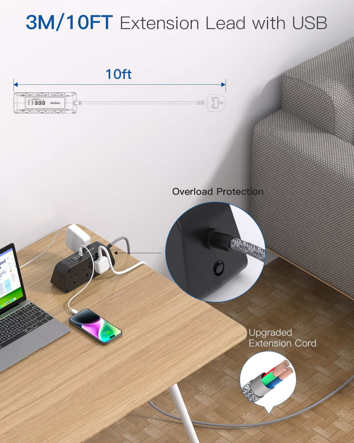 Extension Lead with USB Slots, 6 Way Outlets 5 USB (5A, 3 USB- C Port),1.6M