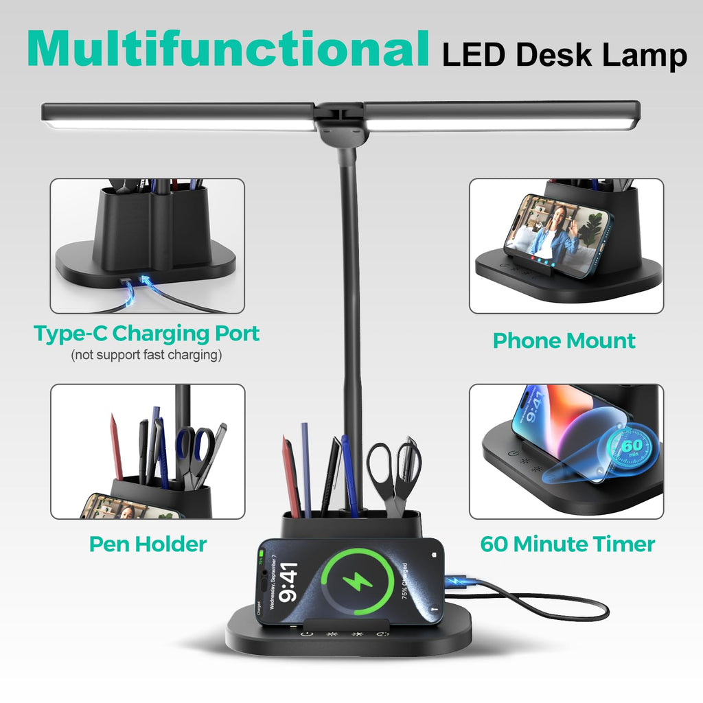 Airlonv LED Desk Lamp with Clamp, 17" Stepless Dimming Light, Black