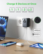 MOMAX Universal Travel Adapter 70W GaN, Travel Plug Adapter for UK/EU/AU/US
