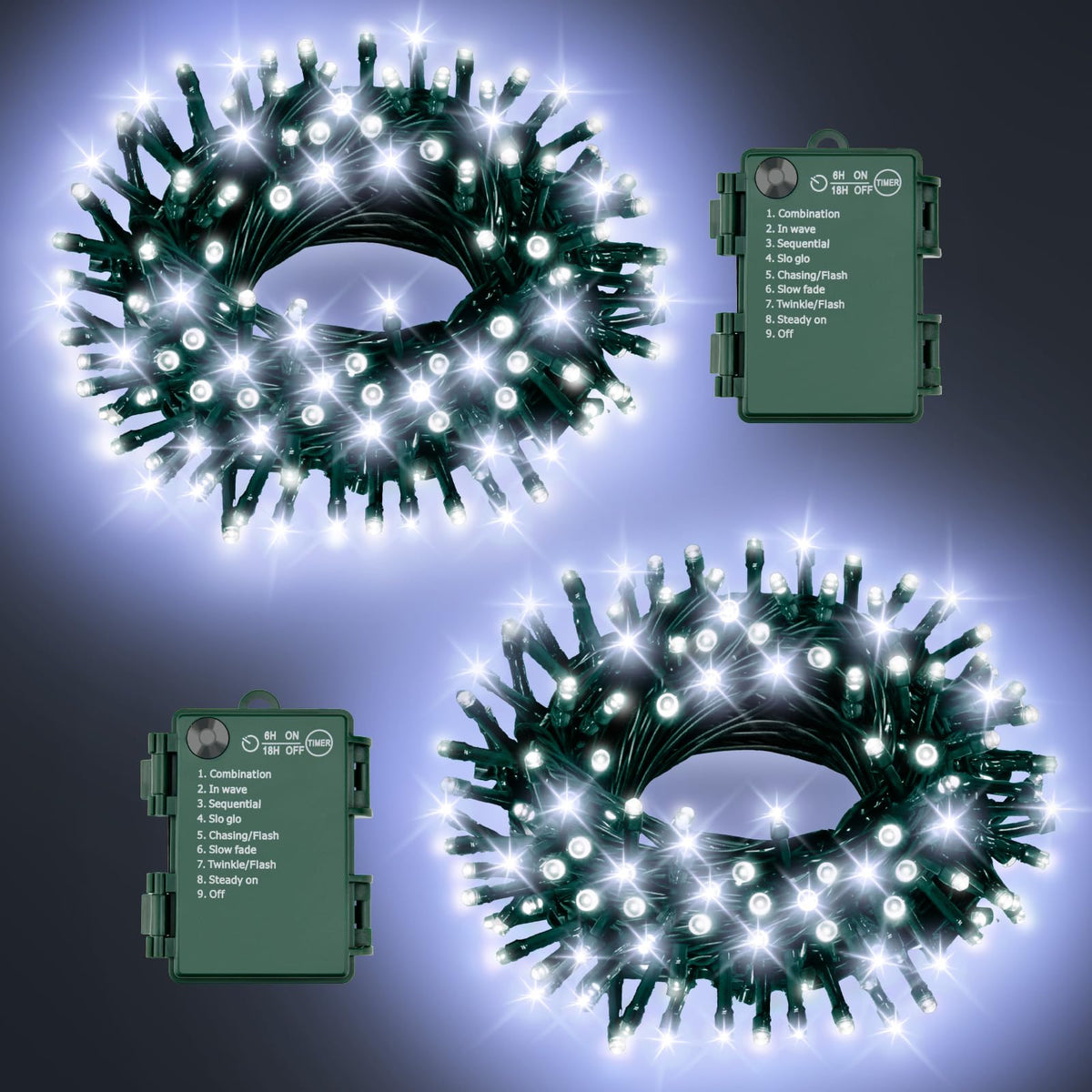 Christmas Lights Outdoor Battery Operated String Lights Total 100LED 33Ft with Timer 8 Modes 16.4Ft*2 Waterproof Outdoor Indoor for Christmas Decor, Warm White, 2-Pack