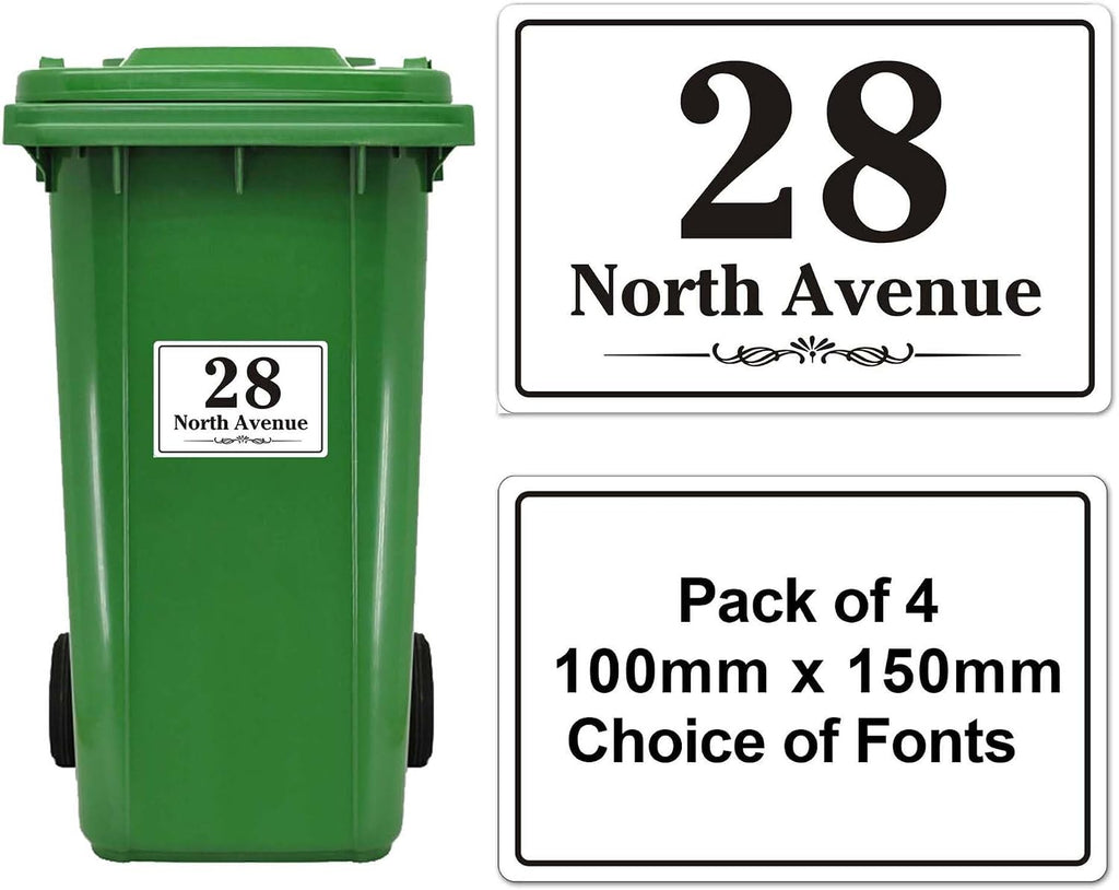 EDSG 4 x Wheelie Bin Stickers, Personalised Bin Numbers for Wheelie Bins, Custom Wheelies Bins Numbers Stickers, Number Sticker with House Number Street Name (Design 1)