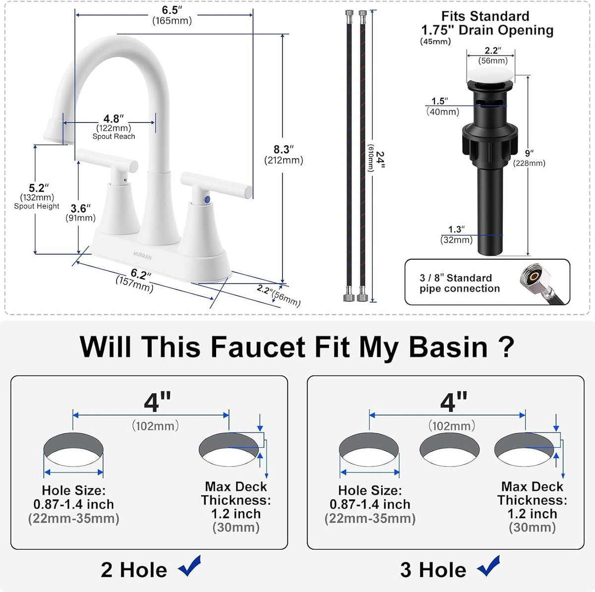 Matte Black Bathroom Faucet, Hurran 4 inch Centerset 2-Handle Lead-Free