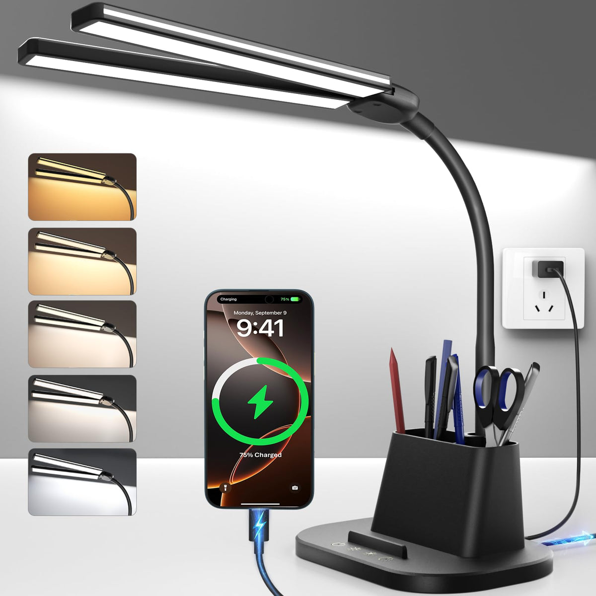 Airlonv LED Desk Lamp with Clamp, 17" Stepless Dimming Light, Black