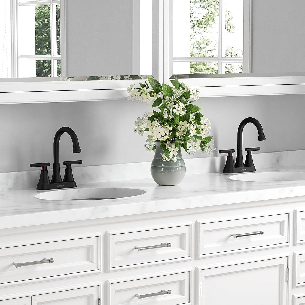 Matte Black Bathroom Faucet, Hurran 4 inch Centerset 2-Handle Lead-Free