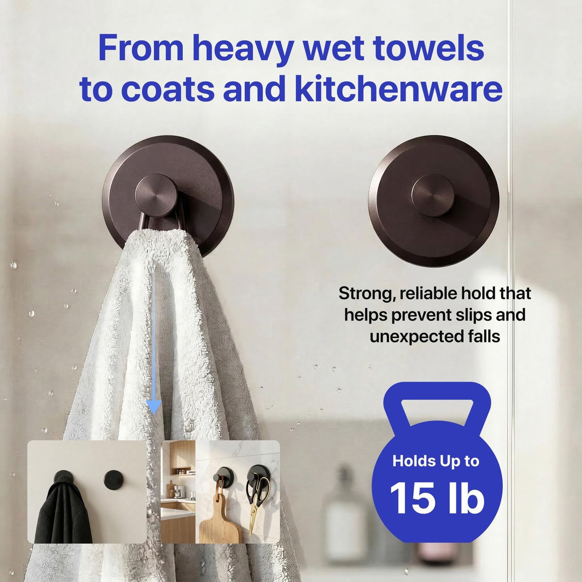 HOME SO Suction Cup Hooks for Shower & Bathroom Towel Holder 2-Pack Black