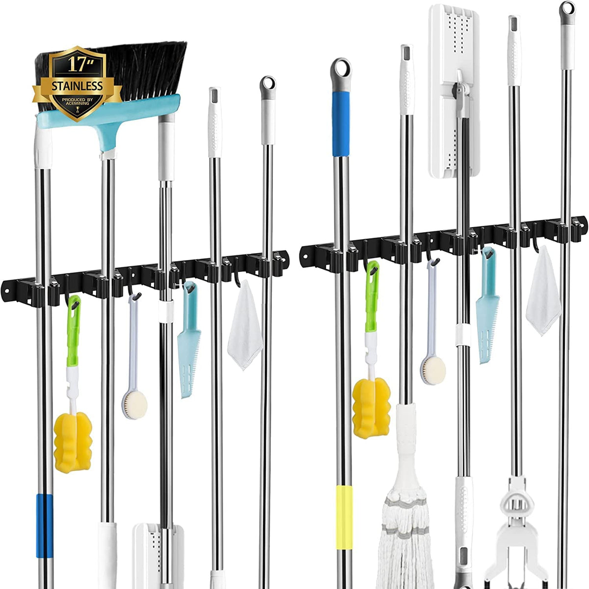 AceMining Broom Holder Wall Mount, 5 Racks 4 Hooks Heavy Duty Mop Organizer