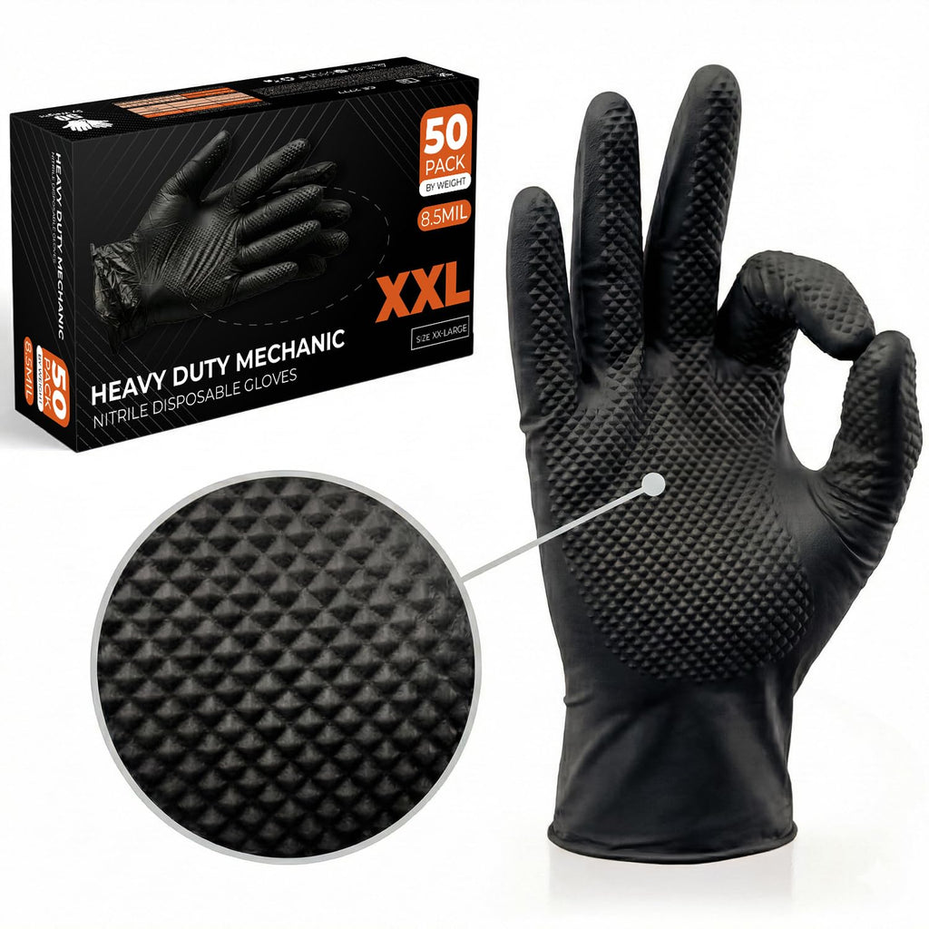 The Real Touch Nitrile Gloves, 50 Count, Heavy-Duty Disposable Mechanic Gloves, Diamond Textured, Latex & Powder-Free, Non-Slip, Extra Thick, Ideal for Automotive, Industrial Tasks (Black - 50, L)