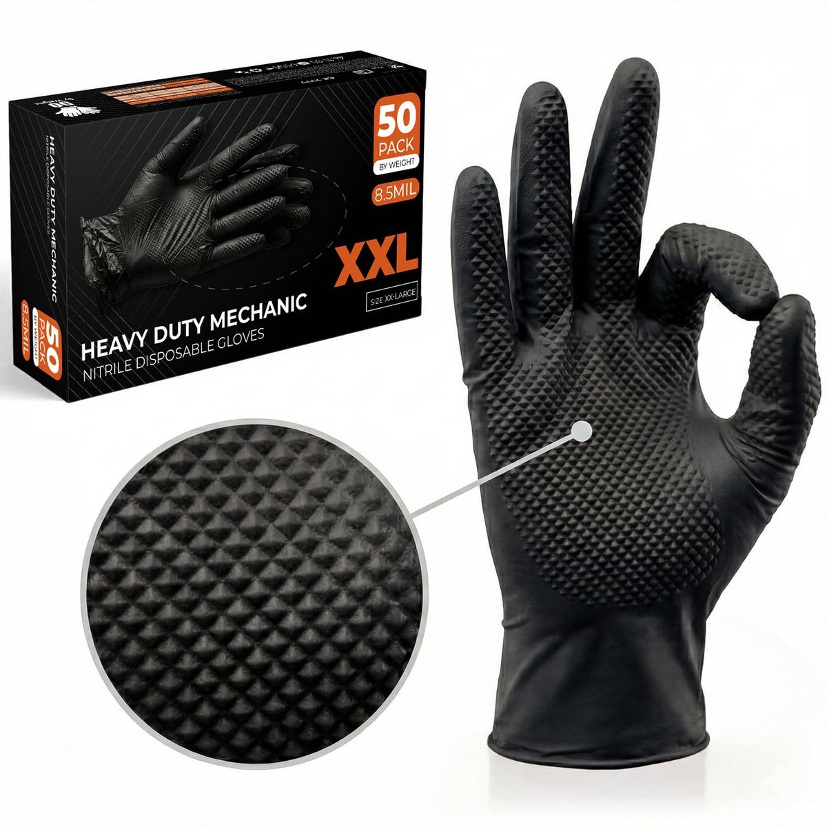 The Real Touch Nitrile Gloves, 50 Count, Heavy-Duty Disposable Mechanic Gloves, Diamond Textured, Latex & Powder-Free, Non-Slip, Extra Thick, Ideal for Automotive, Industrial Tasks (Black - 50, L)