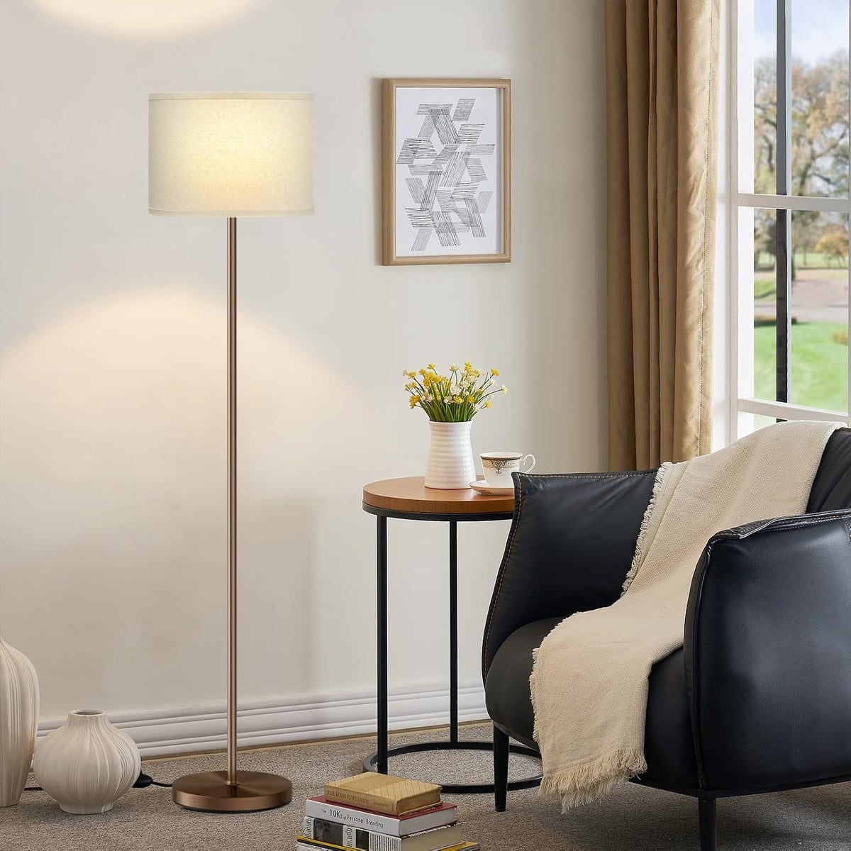 Ambimall Floor Lamp for Living Room with Smart Light Bulb, RGB + Stepless Dimmable Colors Temperature & Brightness(White Shade & Black Pole)