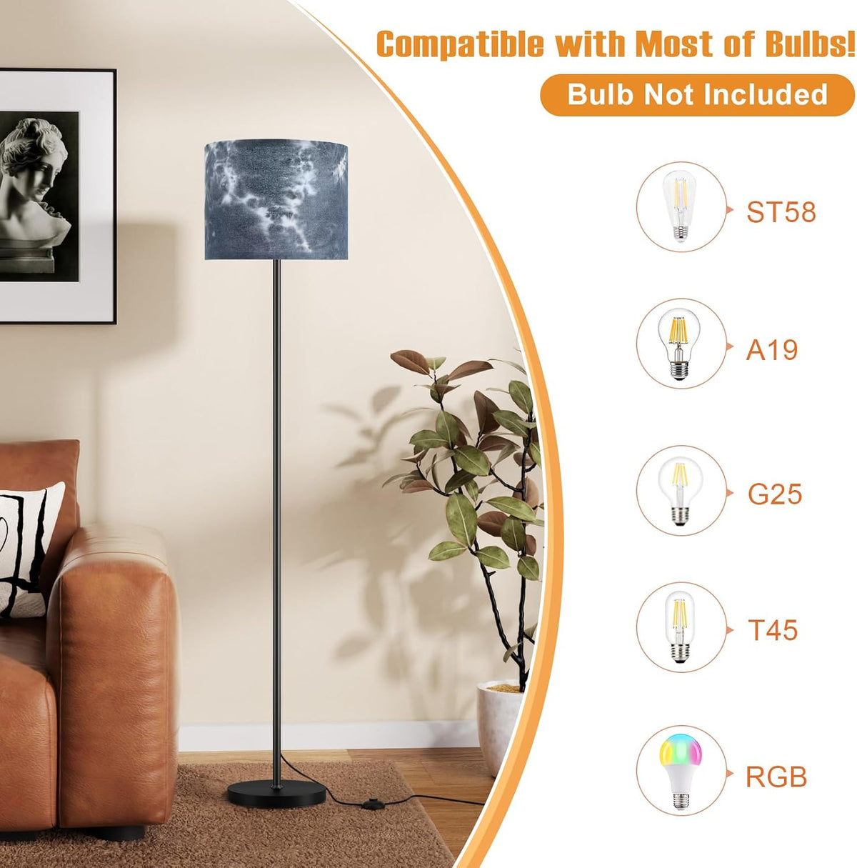 Ambimall Floor Lamp for Living Room with Smart Light Bulb, RGB + Stepless Dimmable Colors Temperature & Brightness(White Shade & Black Pole)