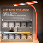 Airlonv LED Desk Lamp with Clamp, 17" Stepless Dimming Light, Black
