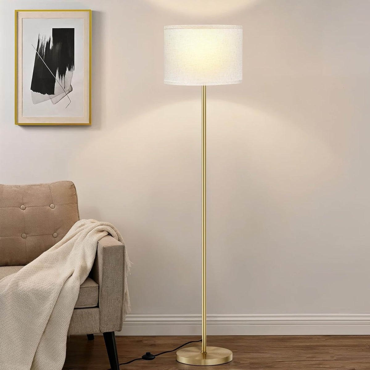 Ambimall Floor Lamp for Living Room with Smart Light Bulb, RGB + Stepless Dimmable Colors Temperature & Brightness(White Shade & Black Pole)