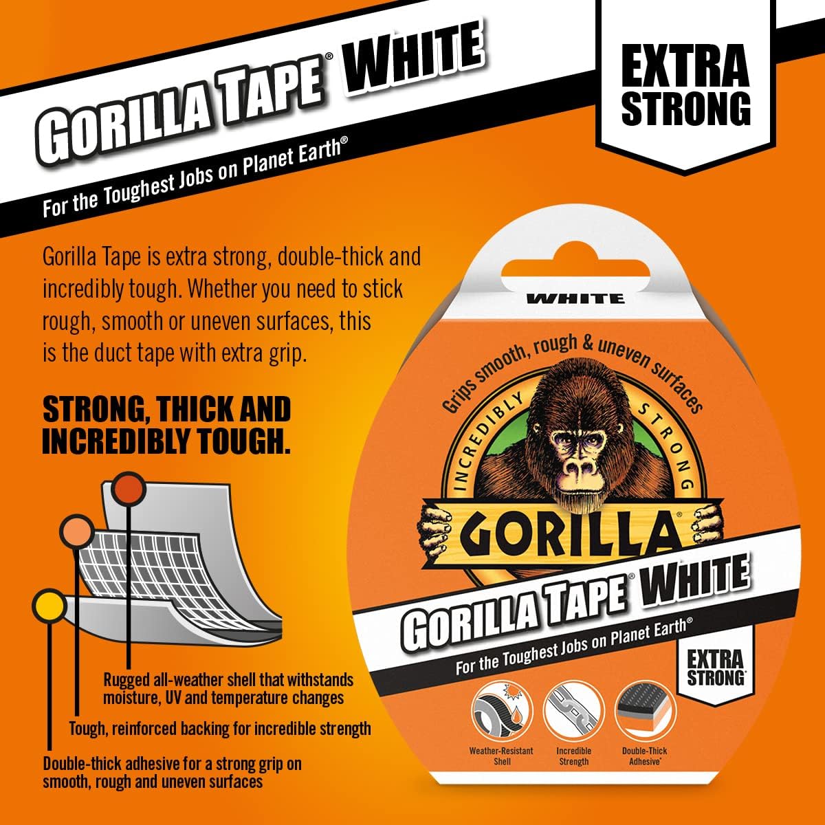 Gorilla Tape Black 11m - Heavy Duty Duct Tape, Hand-Tearable & Extra Strong