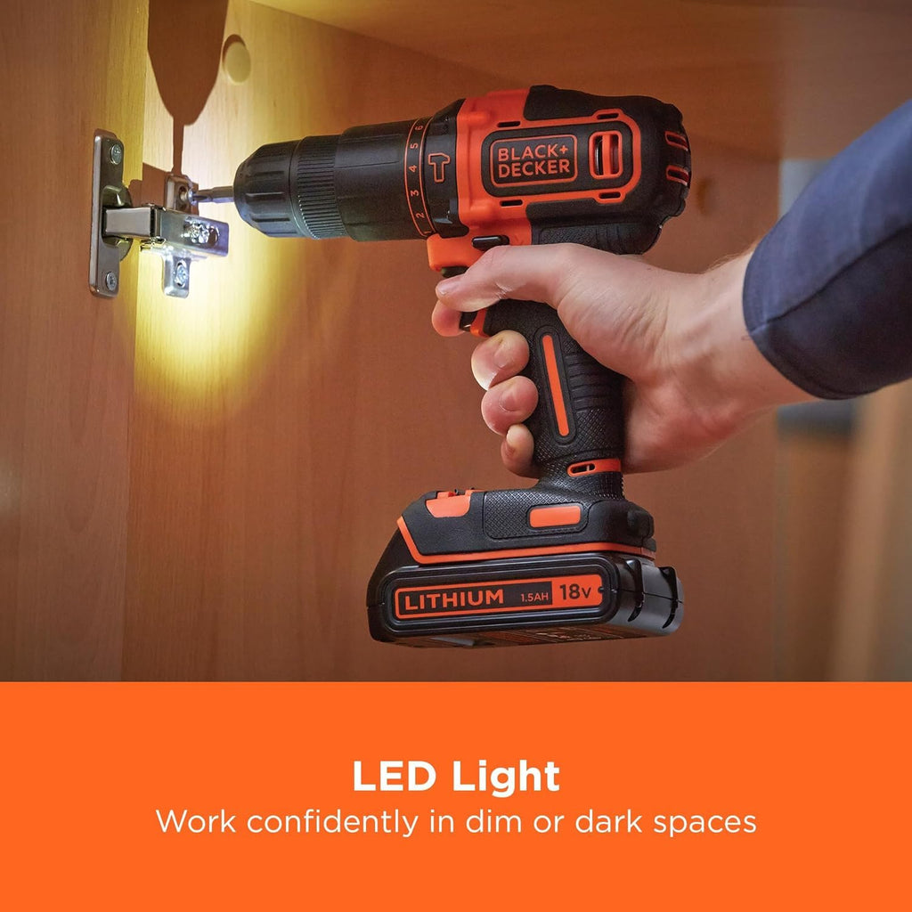 BLACK+DECKER 18 V Cordless 2-Gear Combi Drill with Kitbox and 2X 1.5 Ah Lithium Ion Batteries