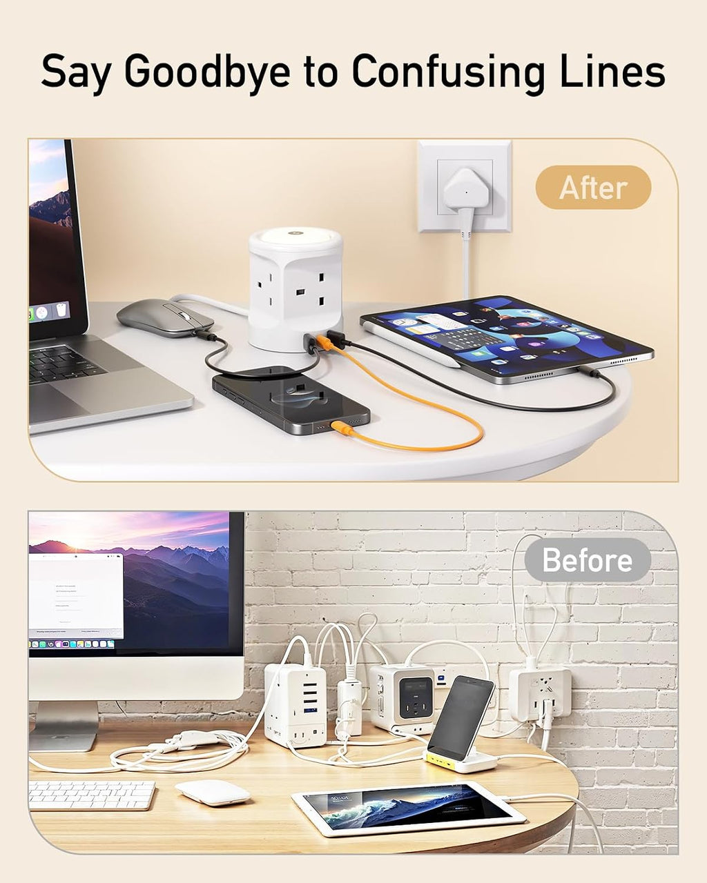 Extension Lead with USB Slots and Night Light, 4 Way (13A/3250W) Multi Plug Extension Cords & 3 USB Ports, Surge Protected Extension Lead with Switches, 2M Extension Cable for Home Dorm Office