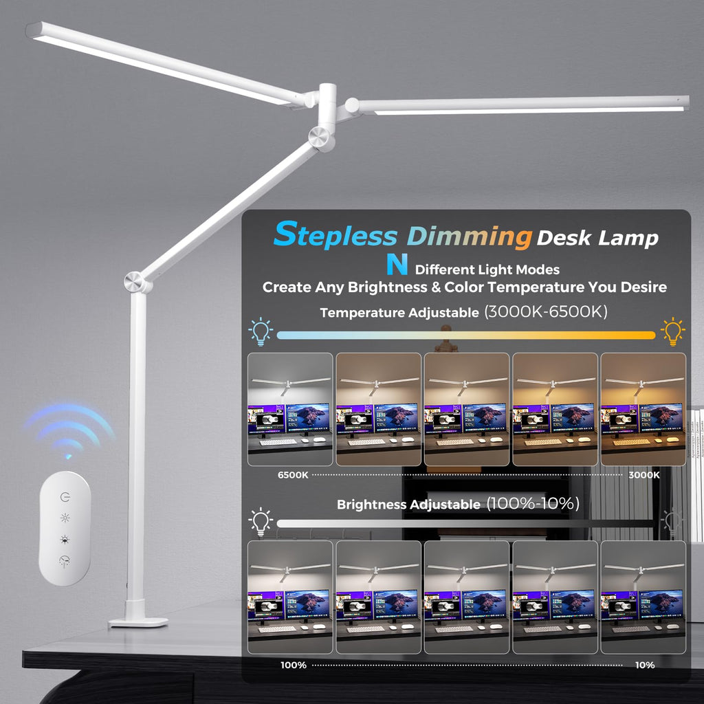Airlonv LED Desk Lamp with Clamp, 17" Stepless Dimming Light, Black