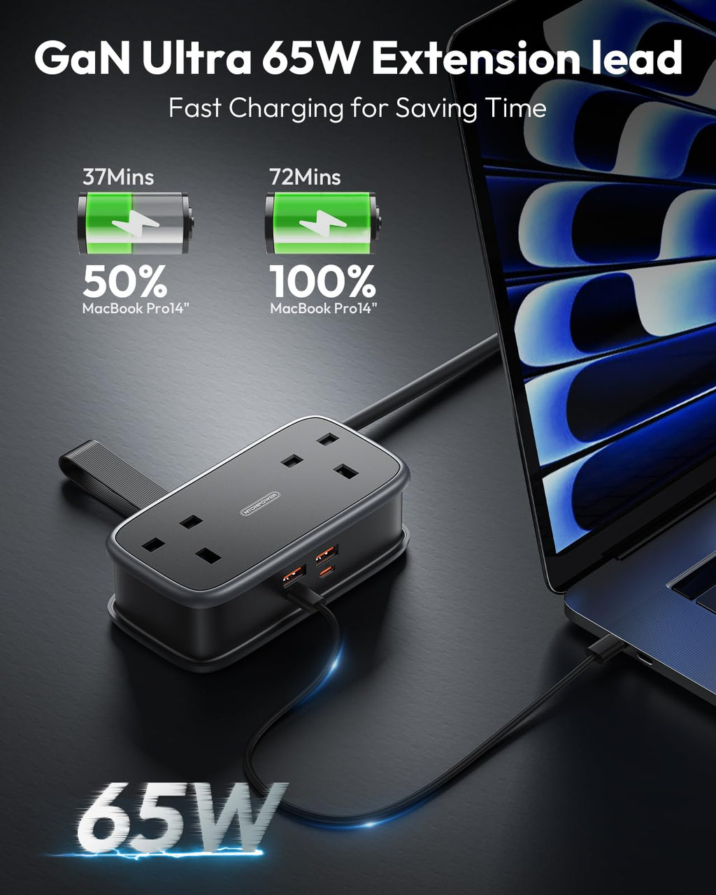 NTONPOWER UK to European Plug Adapter with 1.2M Extension Cable，2 Way Travel Extension Lead with 3 USB(2A+1C) Compact Travel Adapter for Germany France Spain Turkey Greece Iceland etc(Type E/F)