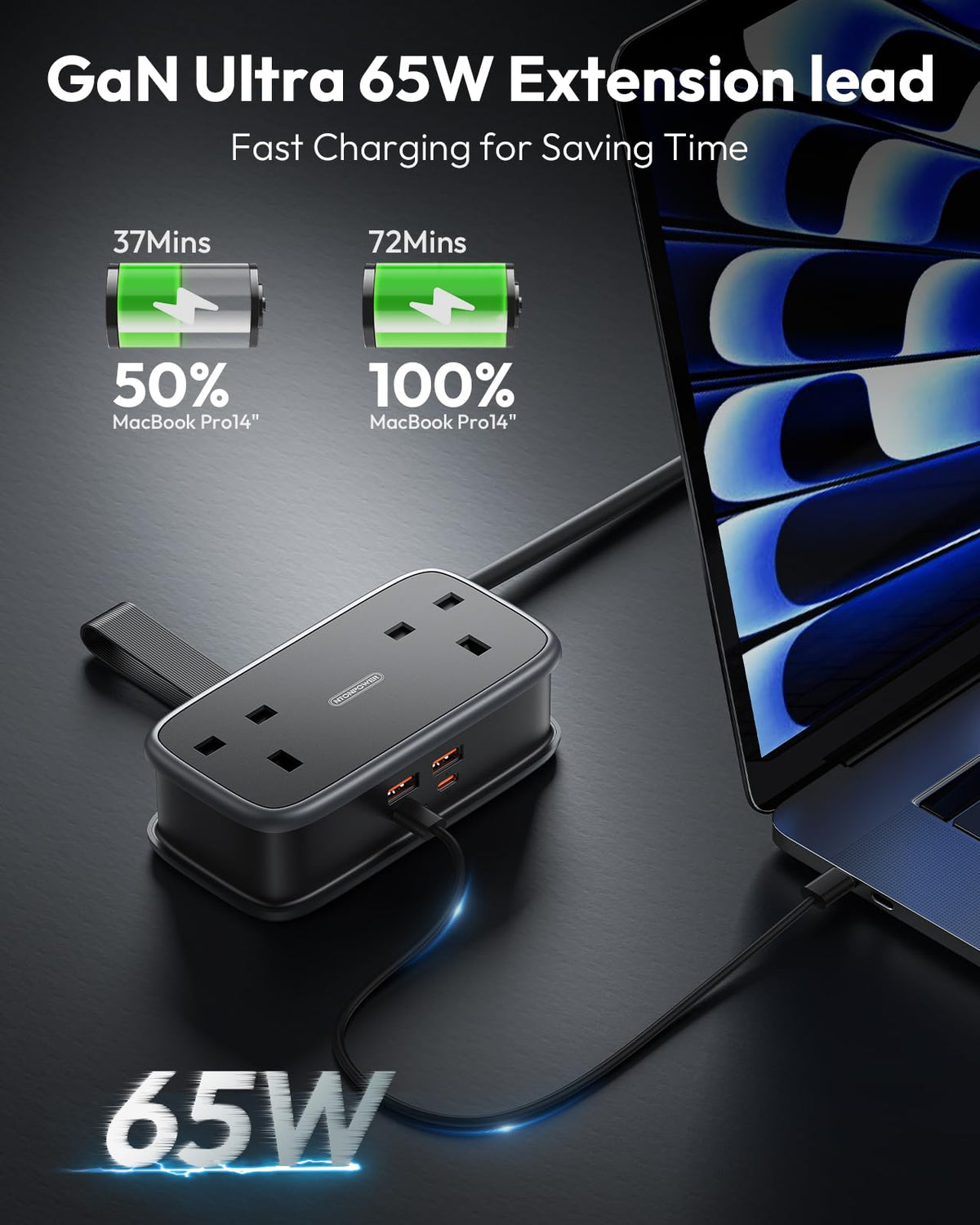 NTONPOWER UK to European Plug Adapter with 1.2M Extension Cable，2 Way Travel Extension Lead with 3 USB(2A+1C) Compact Travel Adapter for Germany France Spain Turkey Greece Iceland etc(Type E/F)