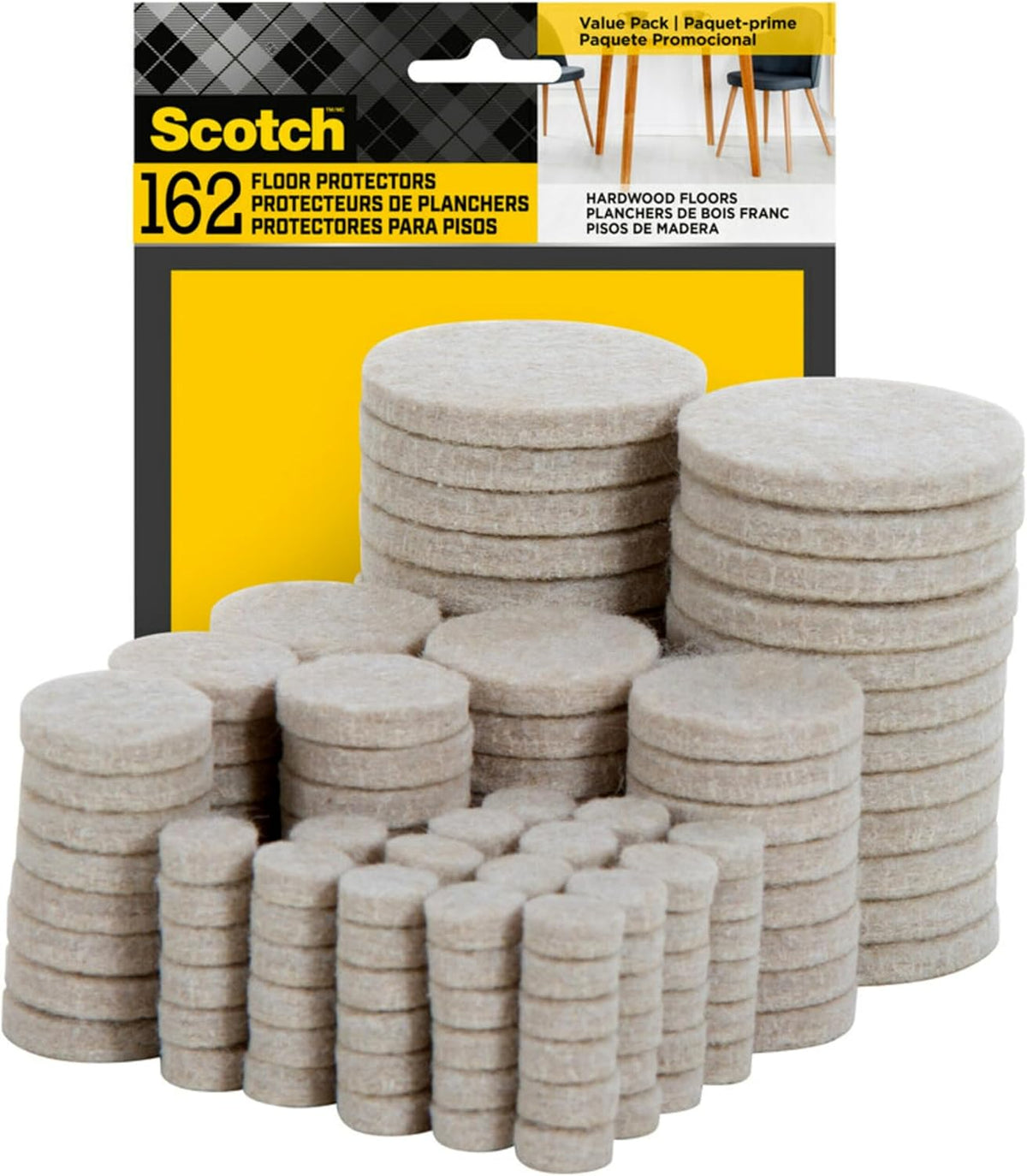 Scotch Felt Pads 162 PCS Beige, Felt Furniture Pads for Protecting Hardwood Floors, Round, Assorted Sizes Value Pack, Self-Stick design, Protecting from nicks, dents and scratches (SP845-NA)