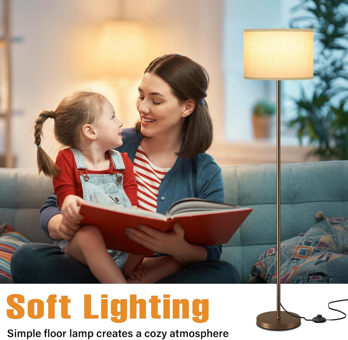 Ambimall Floor Lamp for Living Room with Smart Light Bulb, RGB + Stepless Dimmable Colors Temperature & Brightness(White Shade & Black Pole)