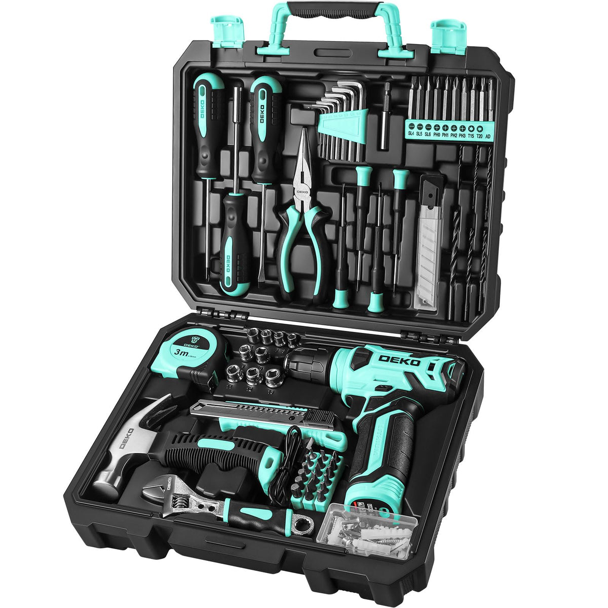 DEKOPRO Drill Set, Home Tool Set with 8V Pink Cordless Drill, Hand Tool Kit for Women, 126 pcs