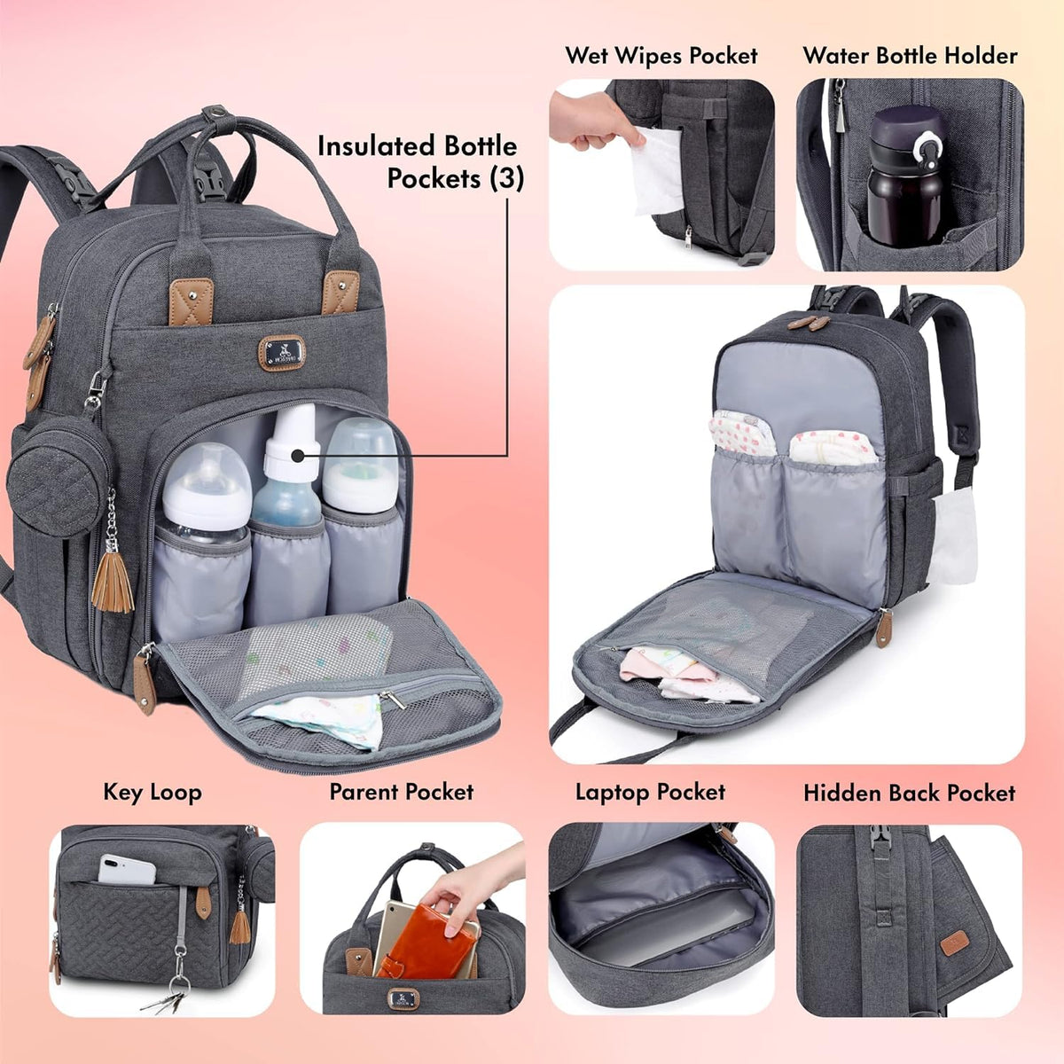 Dikaslon Baby Changing Bag Backpack, Large Nappy Back Pack Multifunction Baby Bags with Portable Changing Mat, Pacifier Holder, and Stroller Straps, for Mom and Dad