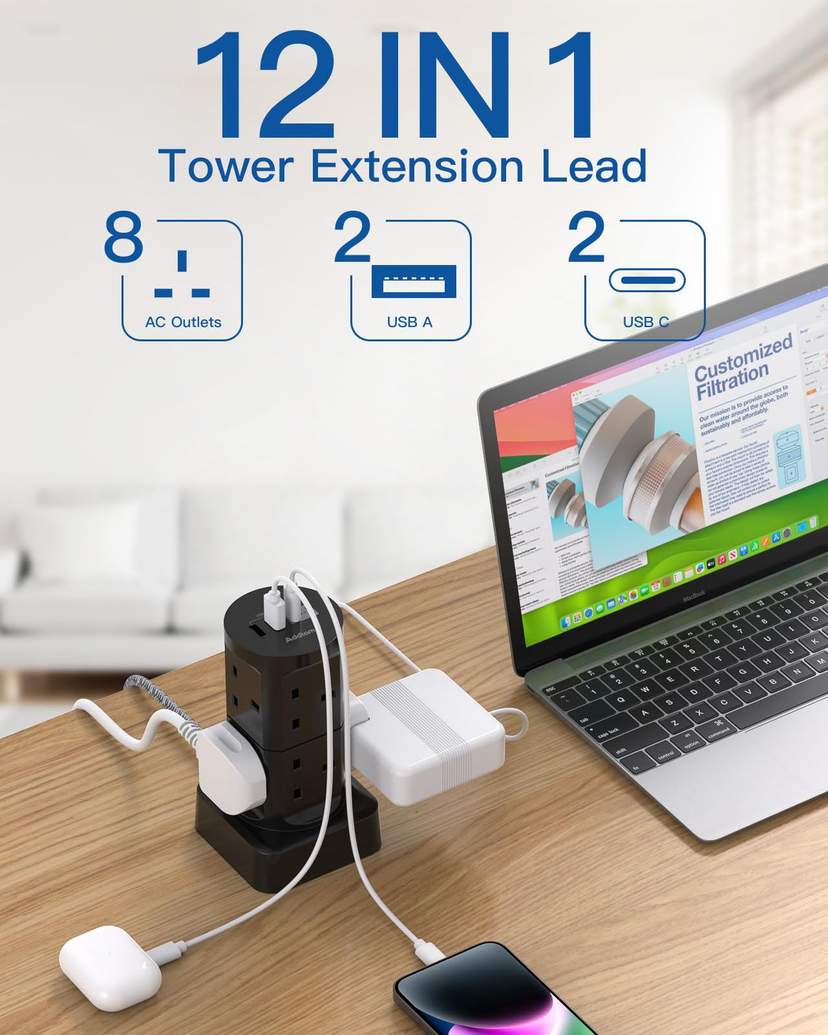 Tower Extension Lead with USB Slots, 8 Way Multi Plug Extension Tower &4USB