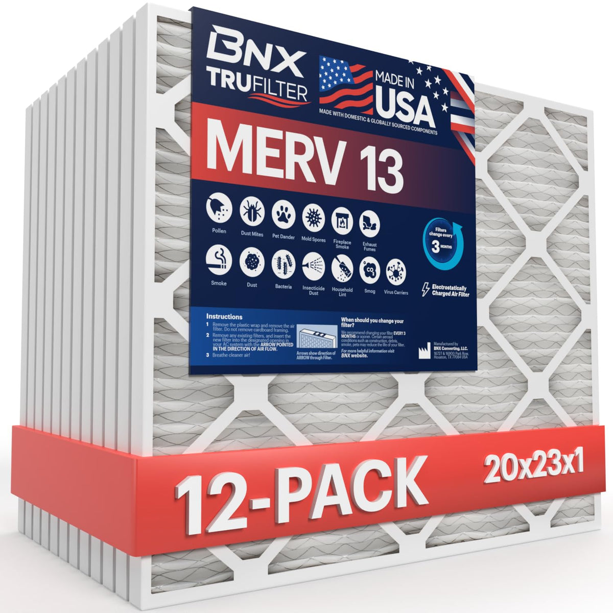 BNX TruFilter 20x20x1 Air Filter MERV 13 Smoke, Allergy, Pet Defense 6-Pack
