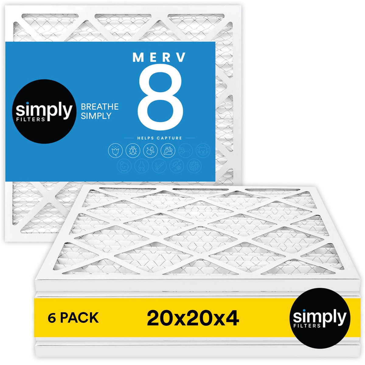 Simply 20x20x1 Air Filter, Merv 8, MPR 600, 6 Pack, Furnace Air Filter for HVAC (Actual Size: 19.75"x19.75"x0.75") DUST, Pet, & Allergy Control