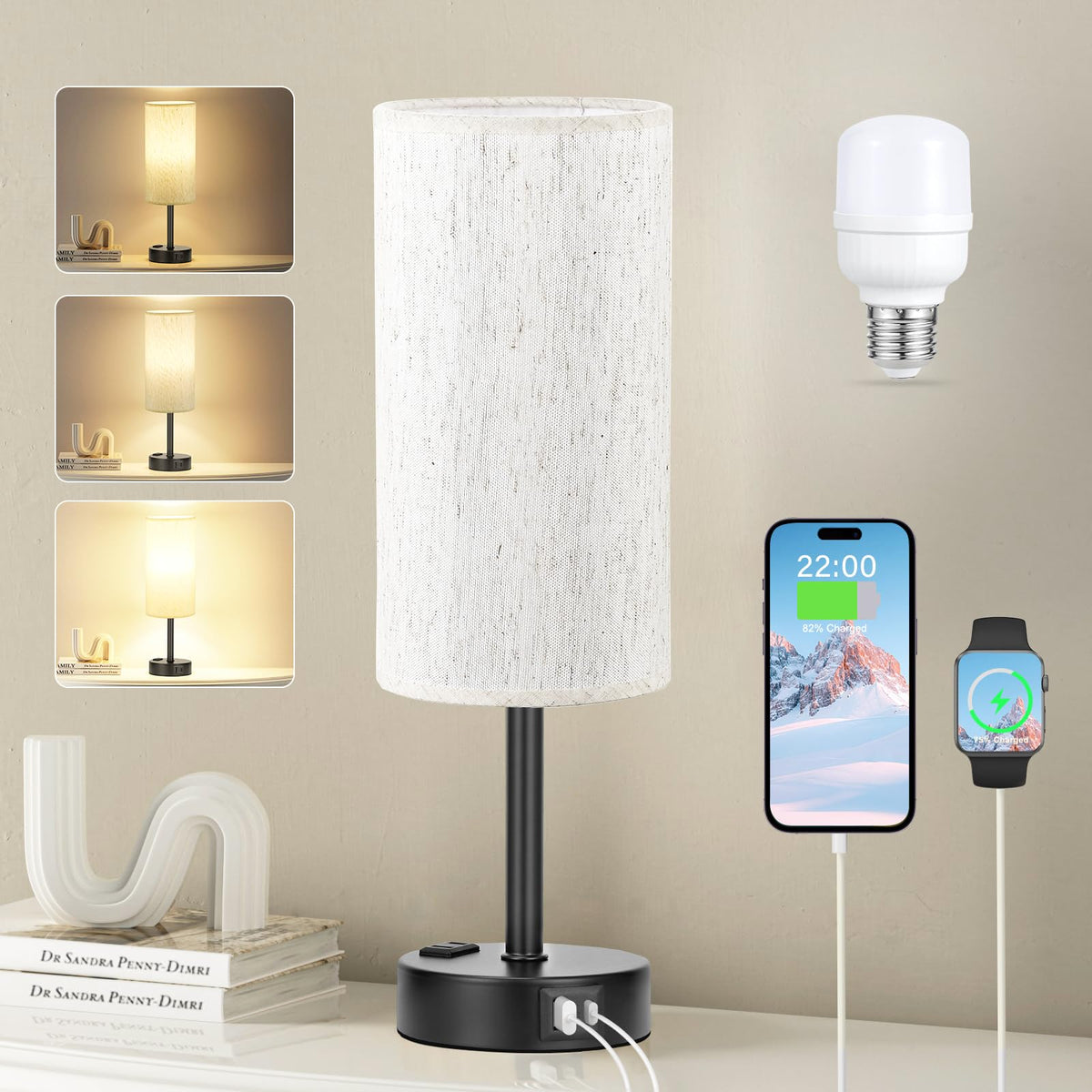 Fenmzee Bedside Table Lamp Set of 2 - Dimmable Touch, USB A+C, AC Outlet