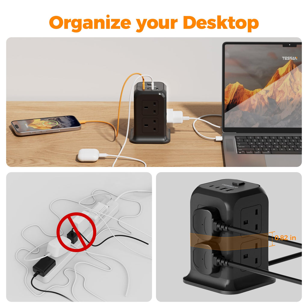 TESSAN 8 Way Tower Extension Lead 2M with 4 USB Slots (2 USB C)