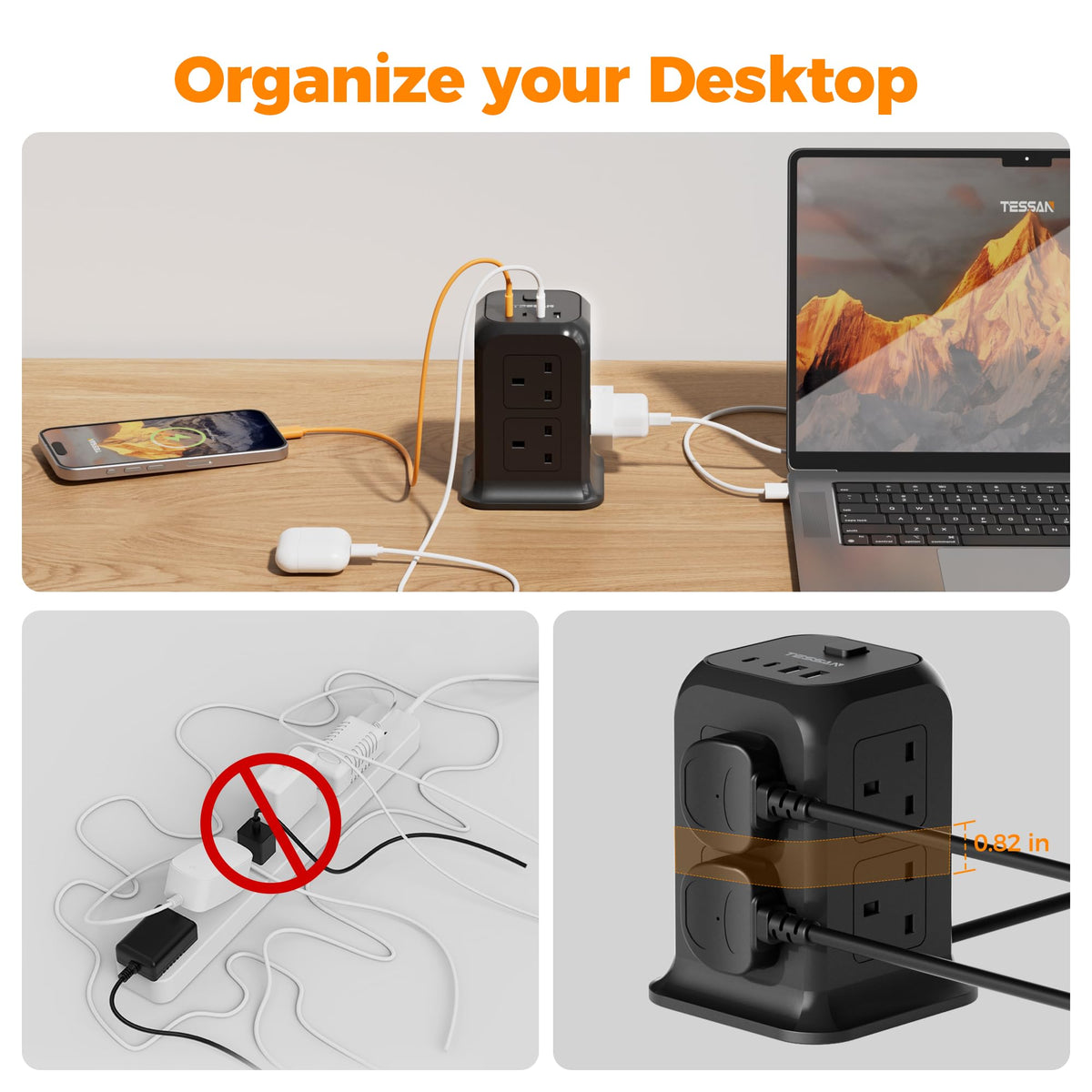TESSAN 8 Way Tower Extension Lead 2M with 4 USB Slots (2 USB C)