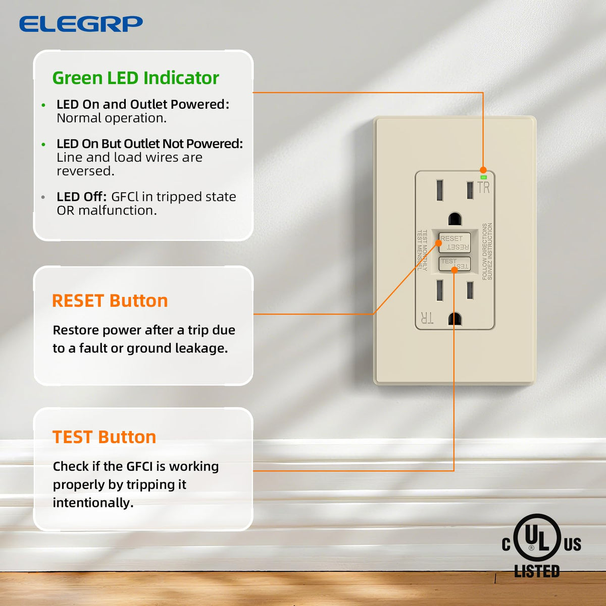 ELEGRP GFCI Outlet 20 Amp, Self-Test GFI Electrical Outlet with Thinner Design, TR Tamper Resistant GFCI Receptacle, Ground Fault Circuit Interrupters with Wall Plate, UL Listed, Light Almond, 1 Pack